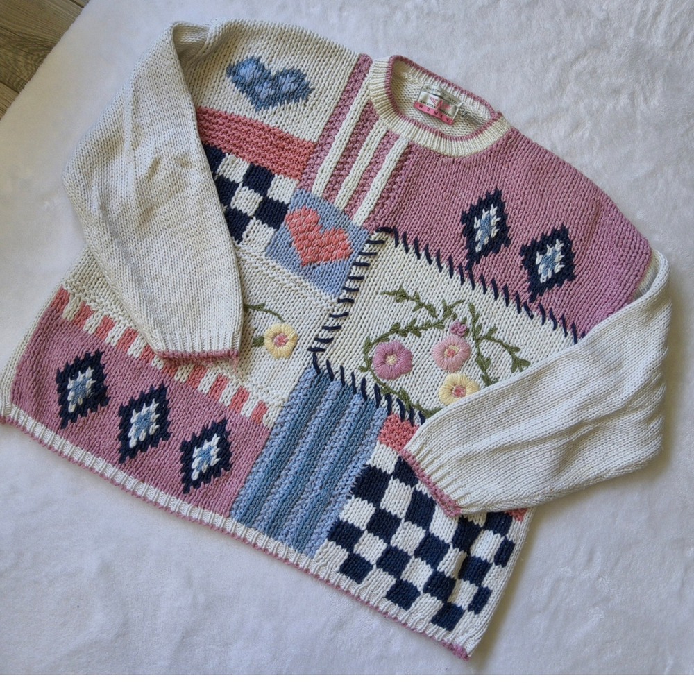 Vintage Hand Knit American Weekend Patchwork Sweater Women 22W Pink Floral Heart